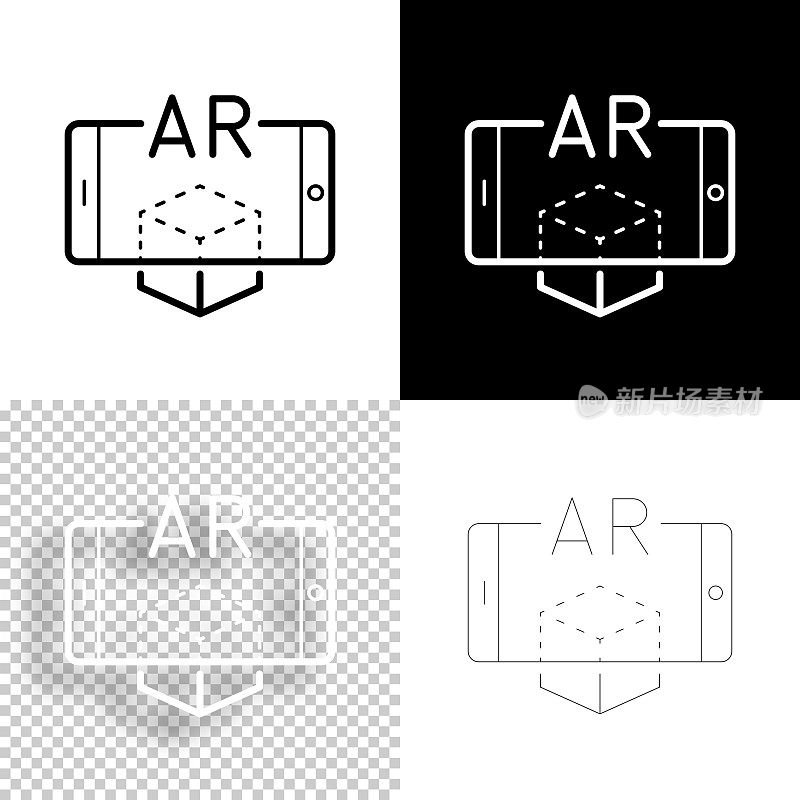 AR智能手机增强现实。图标设计。空白，白色和黑色背景-线图标