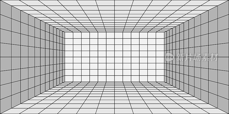 三维房间角落与透视网格。室内线框线条，虚拟现实背景，室内设计的基本瓷砖图案，一点透视视图。矢量图