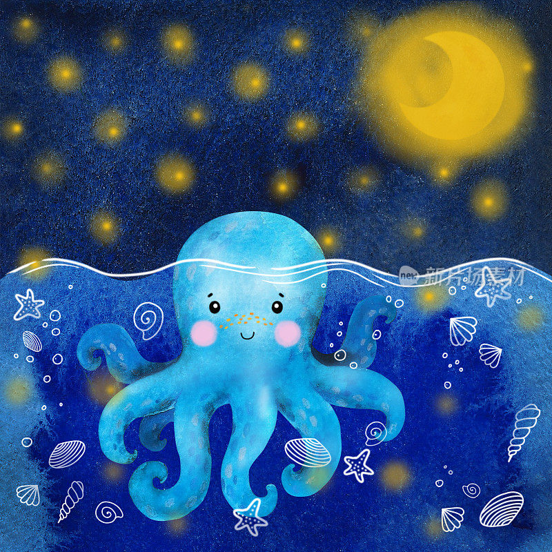 水彩卡通章鱼和月亮。手绘插图。