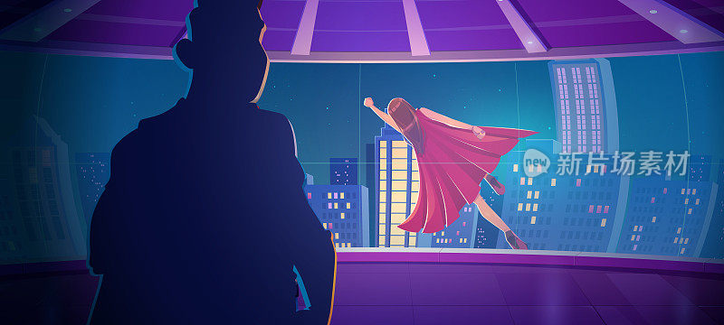 超级英雄女人飞到窗外