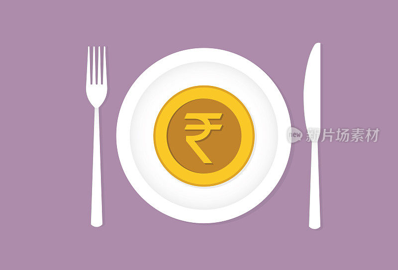 用刀叉放在盘子上的印度卢比硬币