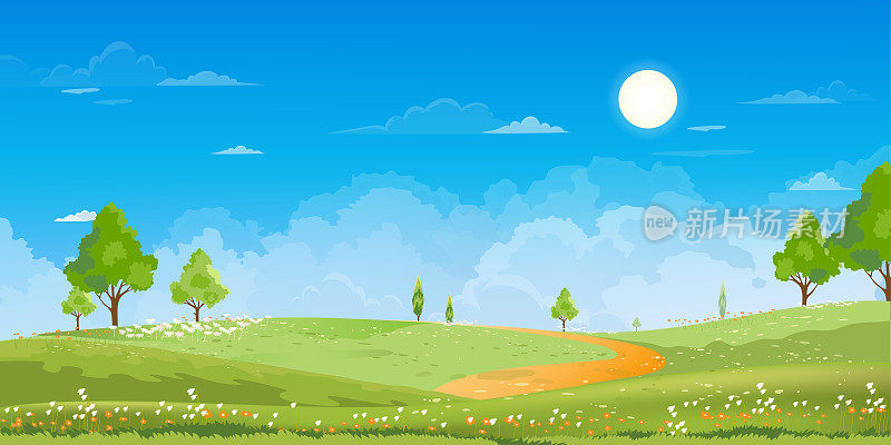 春天的时候，阳光明媚的日子。夏天的乡村风景，绿色的田野，白云和蓝天的背景。乡村与山，草原，阳光在早晨，向量自然风景卡通背景