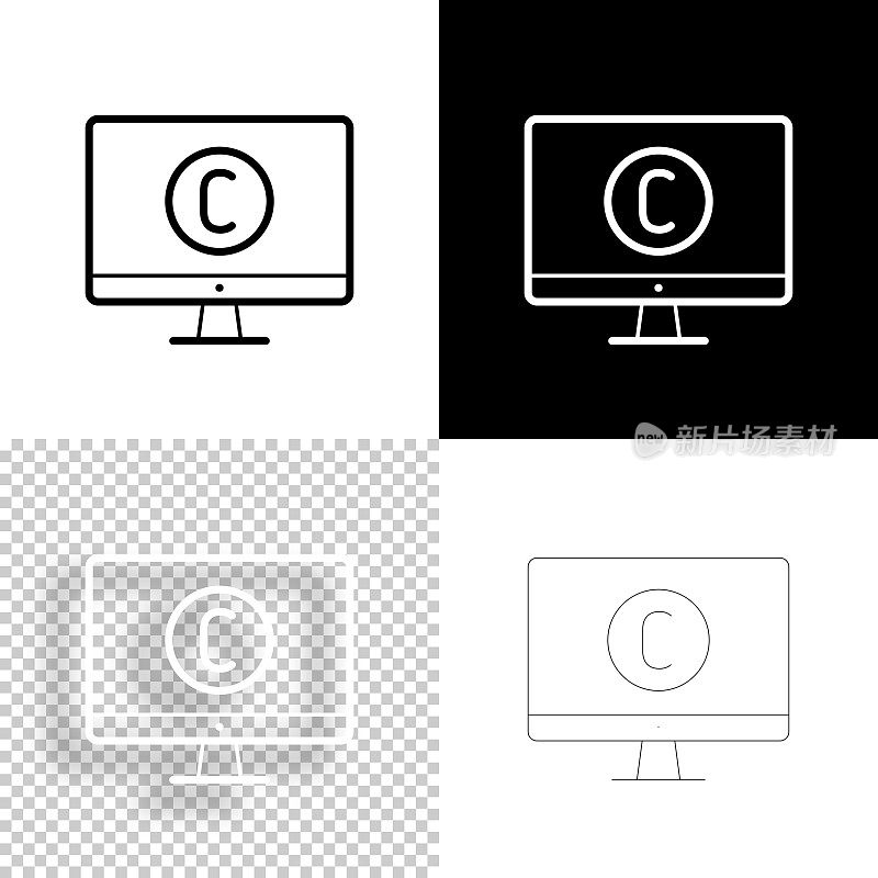 带有版权标志的台式电脑。图标设计。空白，白色和黑色背景-线图标