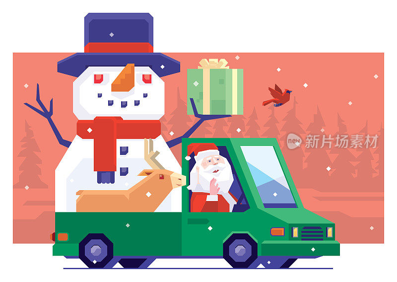 圣诞老人开着载着雪人和驯鹿的货车