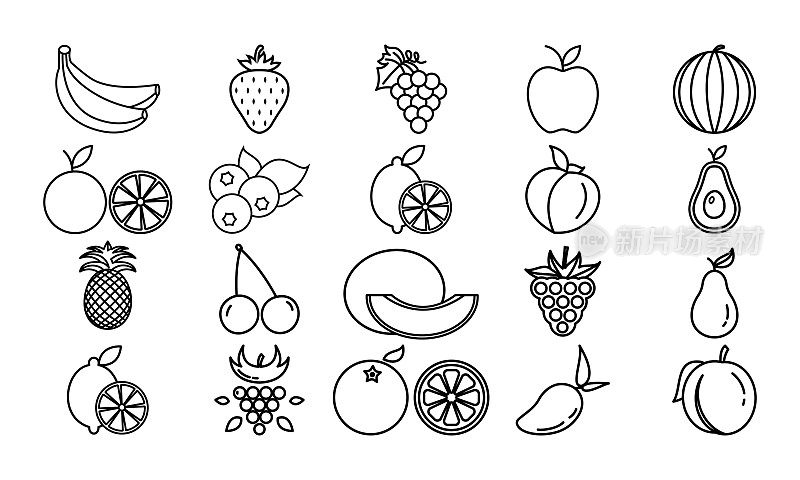 20个新鲜水果矢量图标轮廓。每股收益10。设置夏季水果插图。健康的素食。饮食中维生素的水果。集素食、甜蜜、自然、字形为一体，超级健康，营养丰富。