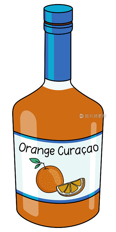 橙库拉索酒在瓶子里。涂鸦卡通嬉皮风格矢量插图孤立在白色背景。适用于派对卡、海报、酒吧菜单或酒类烹饪书食谱