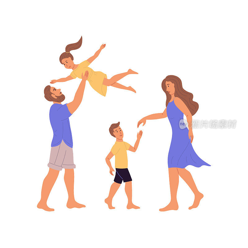 一家人在海滩上。妈妈和儿子跳舞，爸爸把女儿扔起来。家庭度假。平面向量插图