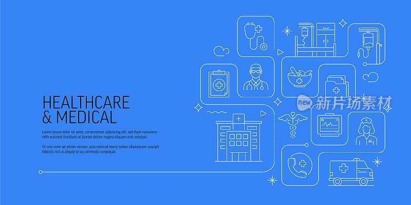 医疗保健和医疗相关矢量横幅设计概念，现代线条风格与图标