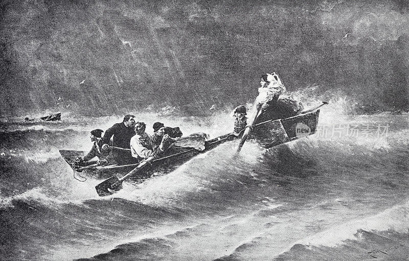 两艘划艇在波涛汹涌的大海上，船上有男人，女人和一个孩子