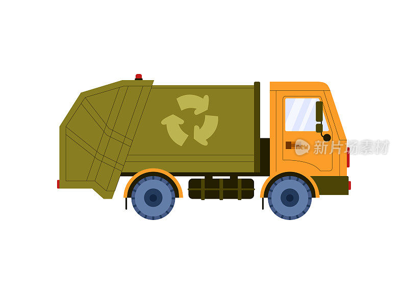垃圾车与回收符号平坦矢量插图隔离。