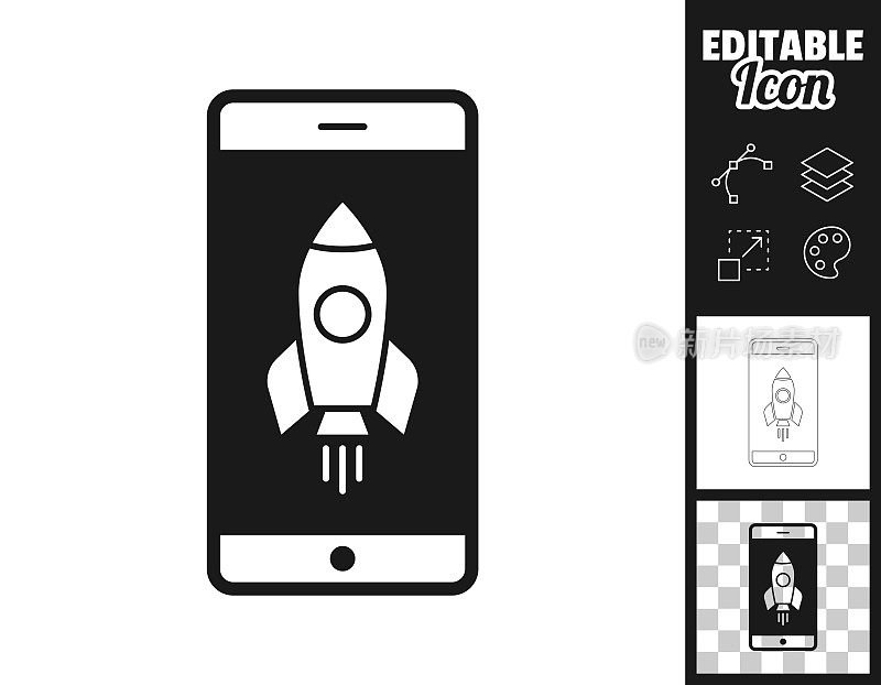 智能手机与火箭。图标设计。轻松地编辑