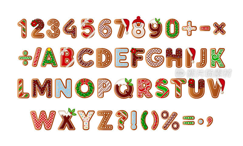 姜饼字母表和数字。一套孤立的姜饼饼干。圣诞糖果。