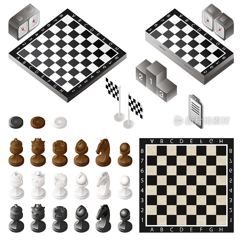 国际象棋等距背景，带有白、棕、黑棋子的游戏棋盘，控制时钟，跳棋，棋子，图标。矢量插图。