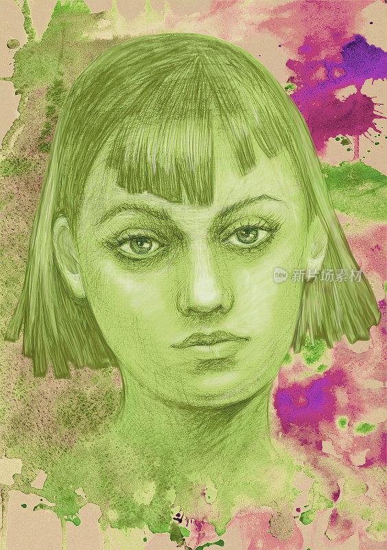 插画水彩肖像的年轻女子与长黑发的背景在绿色黄色色调