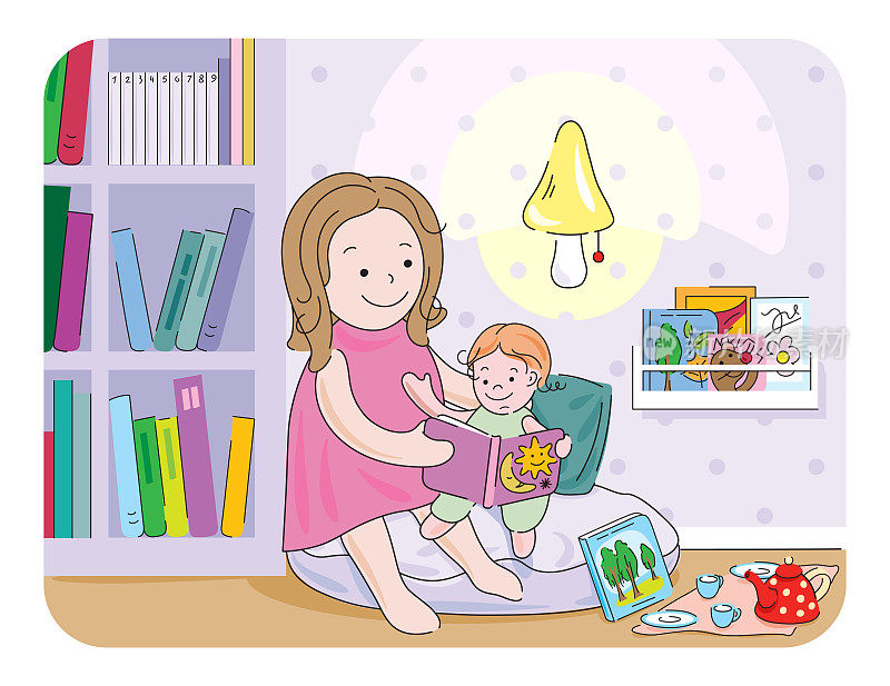 猫妈妈和小猫宝宝在育儿室看书