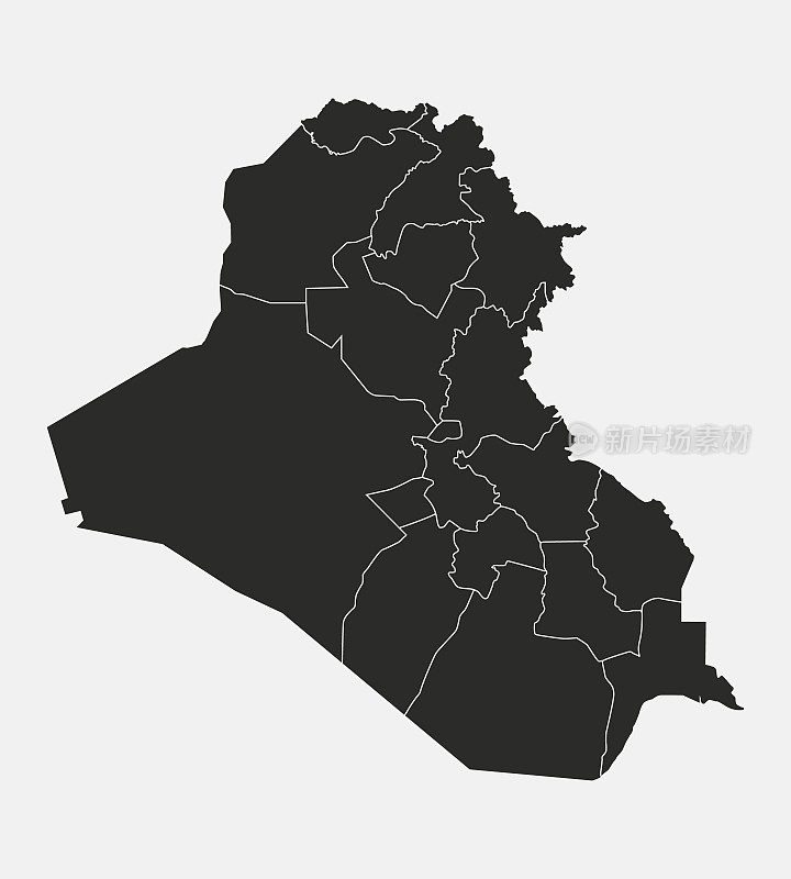 伊拉克地图与地区，省孤立在白色背景。伊拉克地图大纲。矢量图