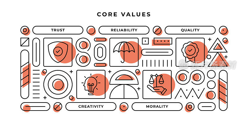 核心价值观信息图表概念与几何形状和信任，可靠性，质量，创造力线图标
