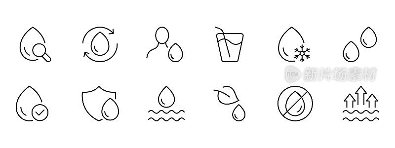 水滴设定图标。液体，水，饮用，蒸发，人，口渴，蜱，波，饮用水。节约用水。饮料的概念。矢量黑色设置图标在白色背景上