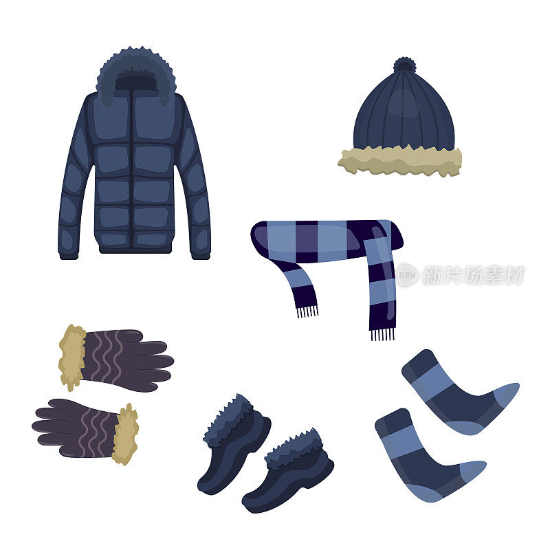冬季服装，毛皮皮夹克，针织袜，手套，围巾，毛皮鞋，毛皮头饰。冬季矢量元素。