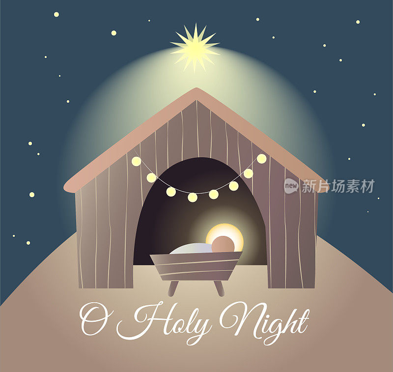 马槽里的小耶稣…伯利恒之星-东方彗星。用淡蜡笔渐变的诞生图形设计。圣诞贺卡快乐。