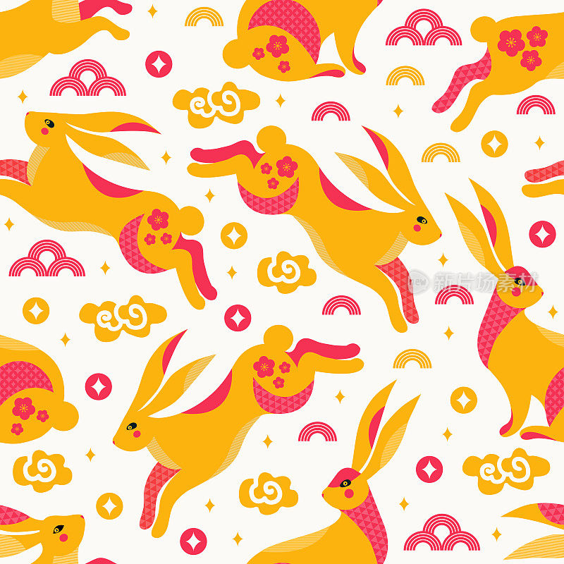 天衣无缝的月亮野兔在星空上。背景有趣的兔子和亚洲装饰装饰。中国十二生肖兔子的象征。中秋节或中国农历新年。矢量平面插图