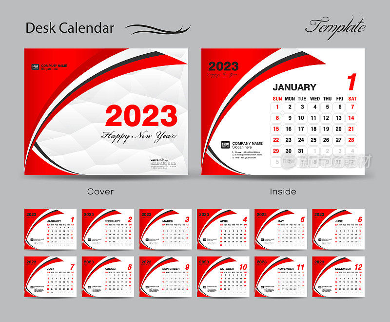 日历2023模板集矢量，周开始周日，集12个月，台历2023年，挂历2023年，记事本，商业模板，文具，印刷媒体，红色创意背景