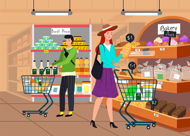 人们购物，选择商品，在超市，杂货店购买产品，购买食品