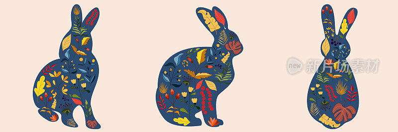 兔子角色设计集与美丽的花朵为春天，复活节。中秋节或2023年中国新年，兔年生肖。矢量图