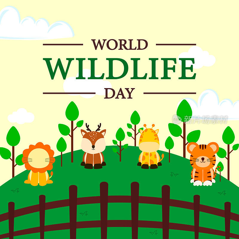 世界野生动物日广场旗帜背景模板动画矢量插图与动物的社交媒体帖子
