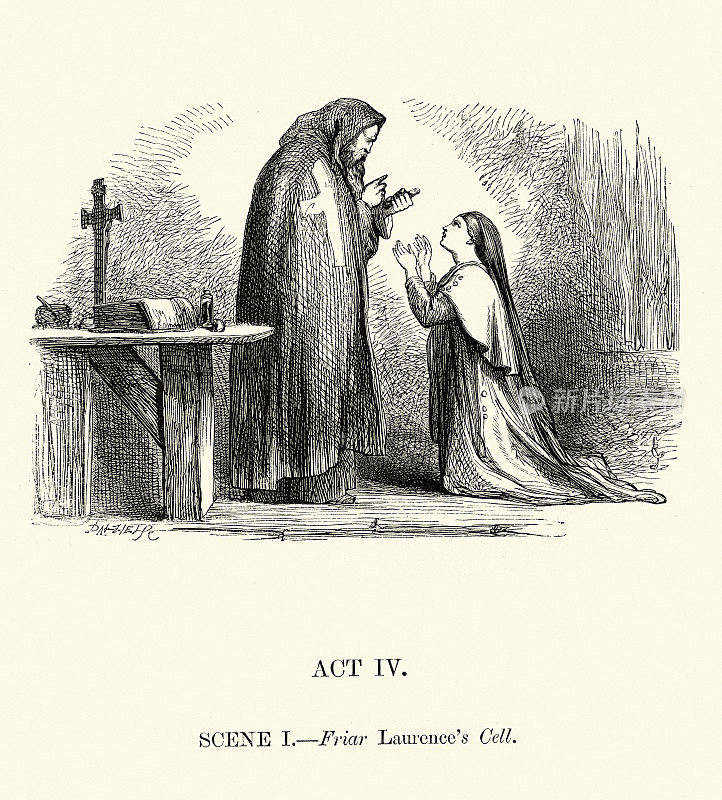 第四幕第一幕劳伦斯修士的牢房，选自威廉·莎士比亚的《罗密欧与朱丽叶》，由约翰·吉尔伯特绘制，19世纪维多利亚时代