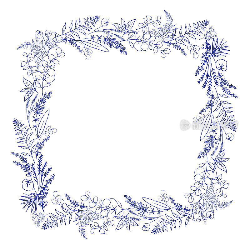 矩形框架与蓝色蕨类，桉树和草药在白色背景。中国风格的启发。