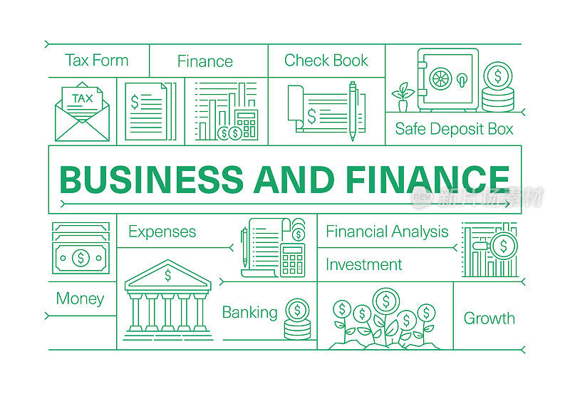 商业和金融线图标集和横幅设计