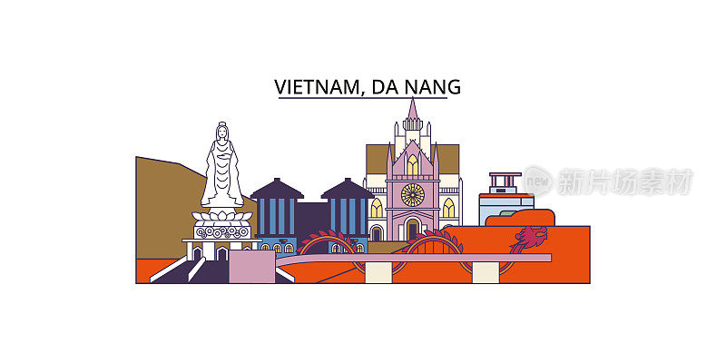 越南岘港旅游地标，矢量城市旅游插画