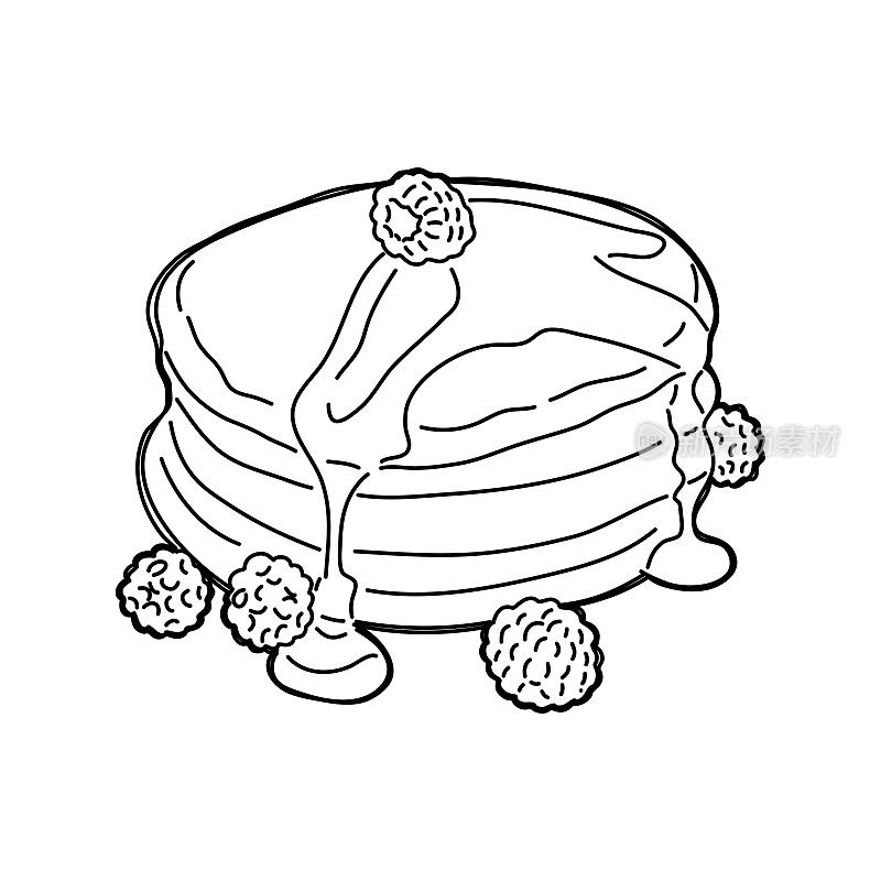 老式的覆盆子煎饼。手绘单色食品插图。向量。