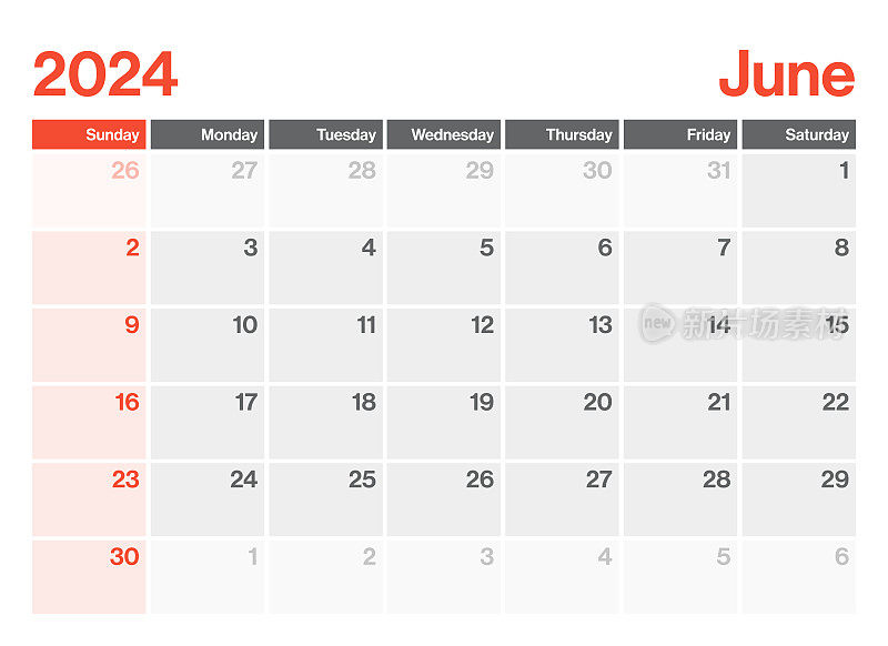 2024年6月-日历规划师。极简风格的景观水平日历2024年。向量模板。一周从周日开始