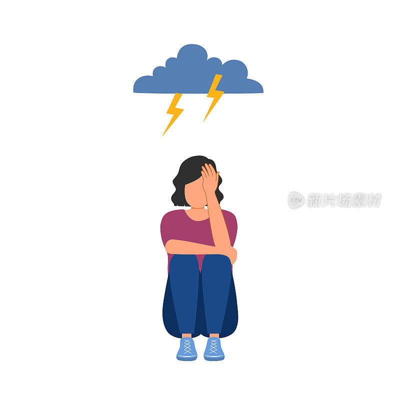 忧郁的女人坐在雨和云下。悲伤的女性在平面设计。不开心的感觉。