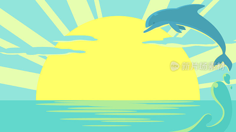 矢量插图的海上日出和海豚。夏季横幅背景与复制空间。