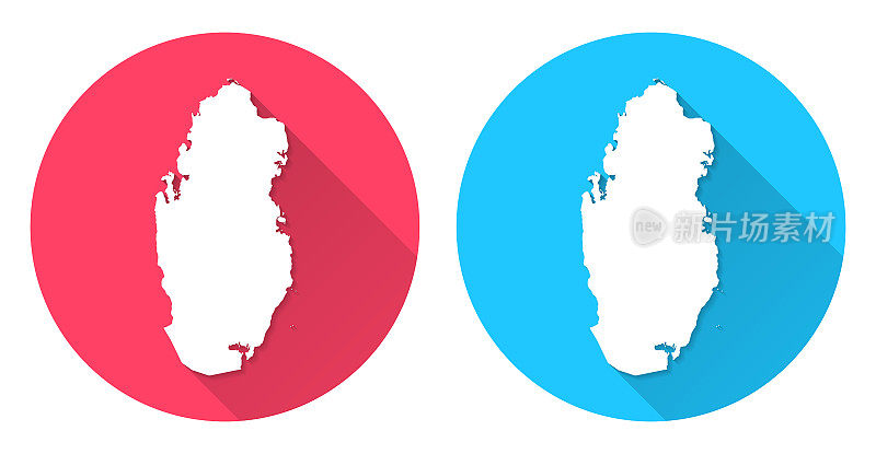 卡塔尔的地图。圆形图标与长阴影在红色或蓝色的背景