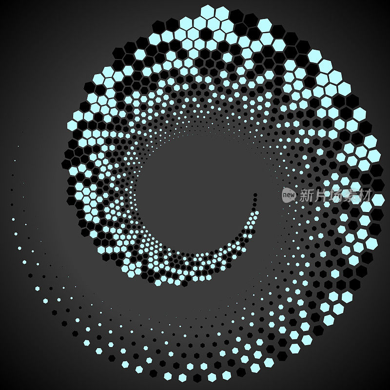 在深色背景上浅蓝色到黑色渐变的螺旋形六边形圆点。