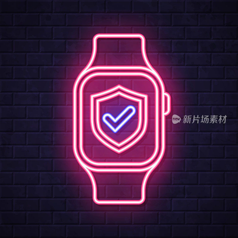 安全smartwatch。在砖墙背景上发光的霓虹灯图标