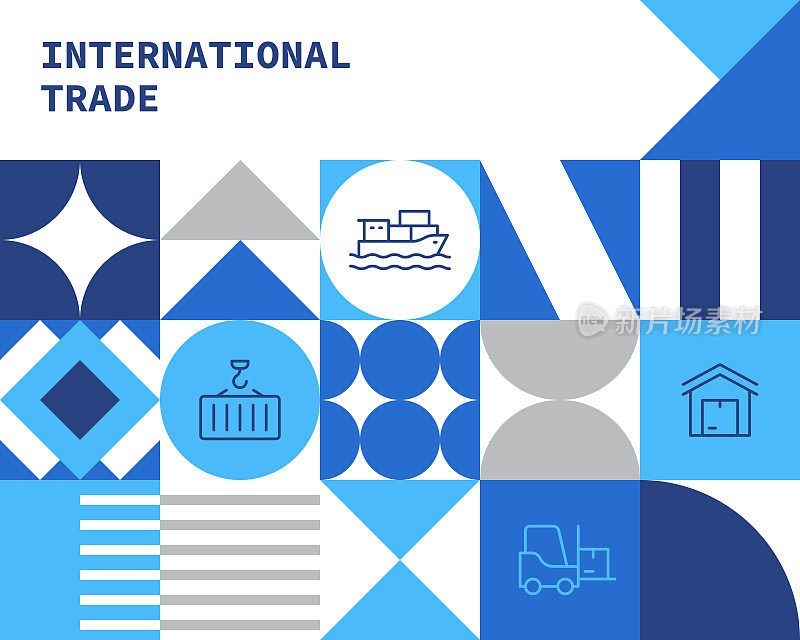 国际贸易概念包豪斯风格的背景设计与简单的固体图标。这种设计适合用于网站、演示文稿、报告、杂志和小册子。