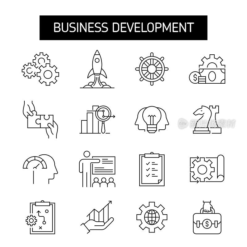 业务发展线图标集。团队合作，合同，战略，财务，领导力