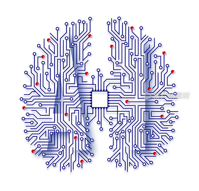 人工智能在人脑中用电路板和芯片作为大脑解剖隔离在白色上
