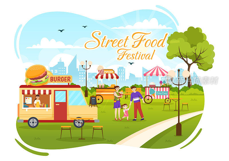 街头美食节事件矢量插图与人在夏季户外城市公园在平面卡通手绘模板食品卡车
