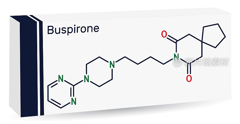 丁螺环酮分子。是治疗焦虑、抑郁的抗焦虑药。骨骼化学公式。药品的纸包装。