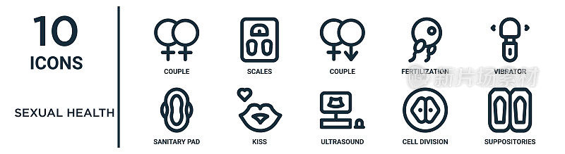 性健康轮廓图标集包括细线夫妇，夫妇，振动器，亲吻，细胞分裂，栓剂，卫生巾图标报告，演示，图表，网页设计