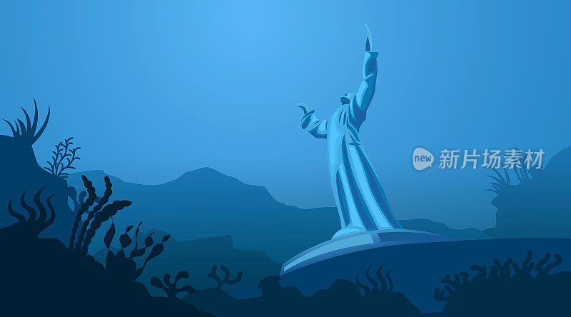 海底深处的白色纪念碑。海神的水下雕像。海底长满了海藻。蓝色的海洋风光。水生生态旗帜。海景海报或背景。矢量图