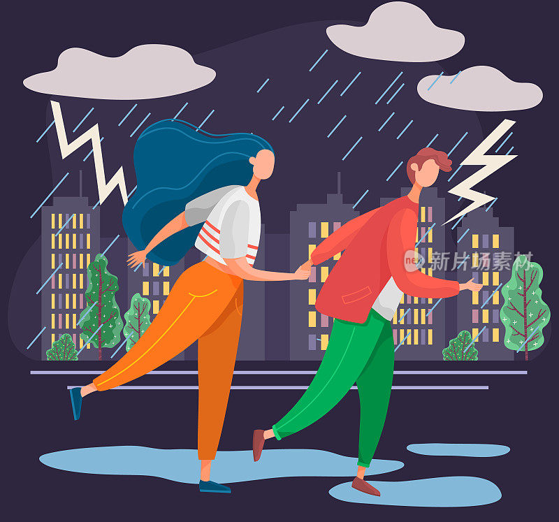 一对夫妇在雨中走在城市公园，没有雨伞，天空电闪雷鸣，匆忙回家
