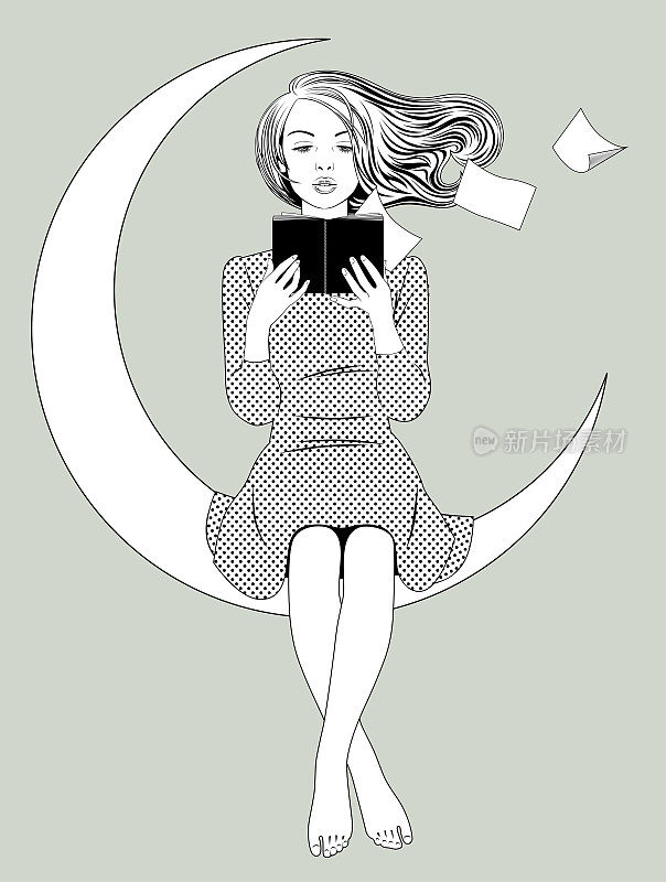 长发飘逸的女孩坐在月亮上，手里拿着一本书