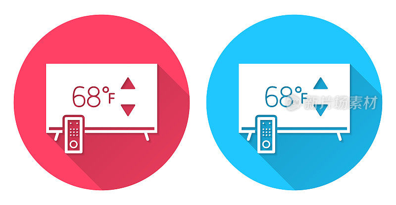 带加热控制的电视。圆形图标与长阴影在红色或蓝色的背景
